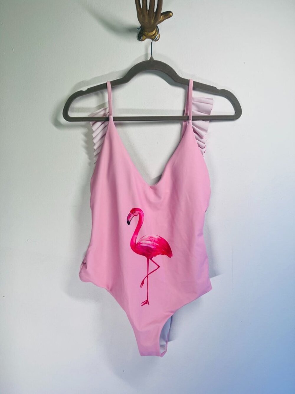 Pink Flamingo Print One-Piece Swimsuit With Ruffle Straps & Adjustable Back By Z